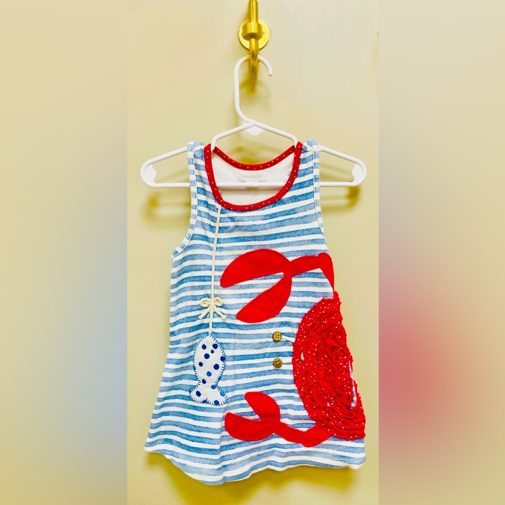 Mudpie adorable Striped Blue and Red crab dress 2T